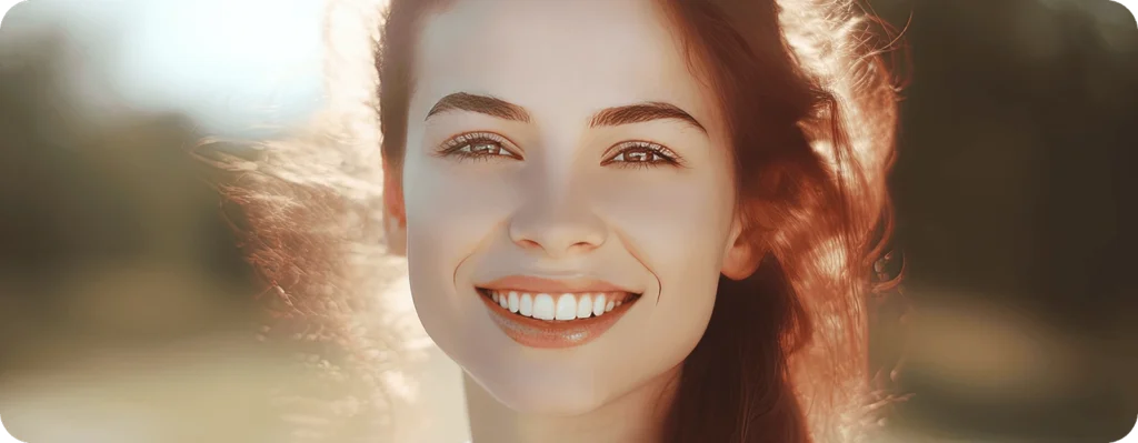 Close-up portrait of a smiling young woman with glowing skin and natural lighting.