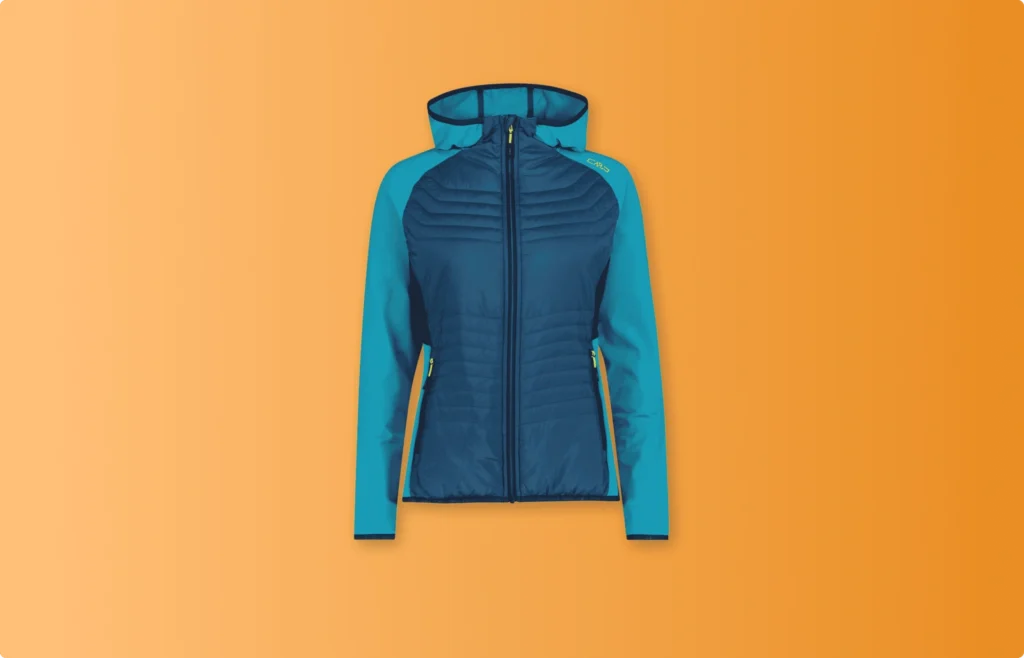 Front view of a two-tone blue hooded jacket with quilted front panel, displayed on an orange background.