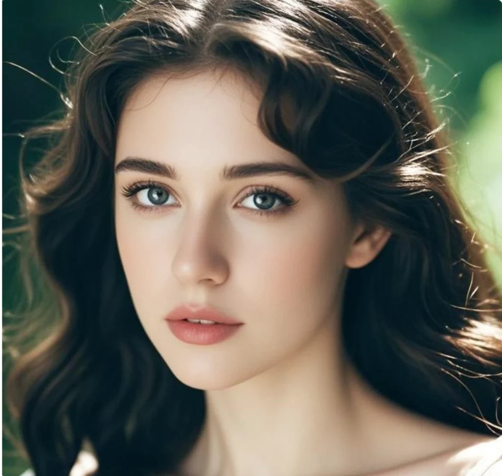 Close-up portrait of a young woman with long wavy hair and natural makeup in outdoor lighting