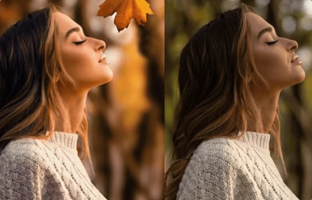 Side-by-side comparison of a woman’s portrait before and after color correction in autumn lighting