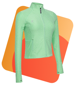 Green zip-up sports jacket displayed with ghost mannequin effect on an orange background.