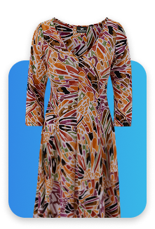Colorful patterned dress with three-quarter sleeves displayed using ghost mannequin effect on a blue background.
