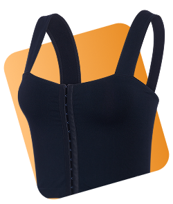 Black sleeveless top with front closure displayed using ghost mannequin effect on an orange background