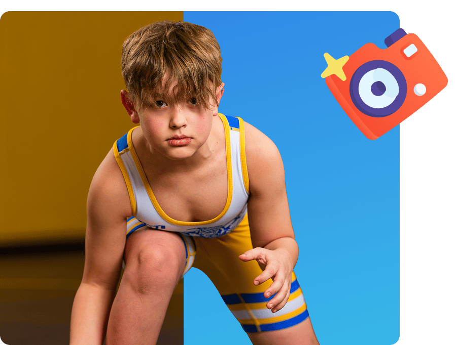 Young boy in a wrestling posing in an athletic stance with a split yellow and blue background and a camera icon