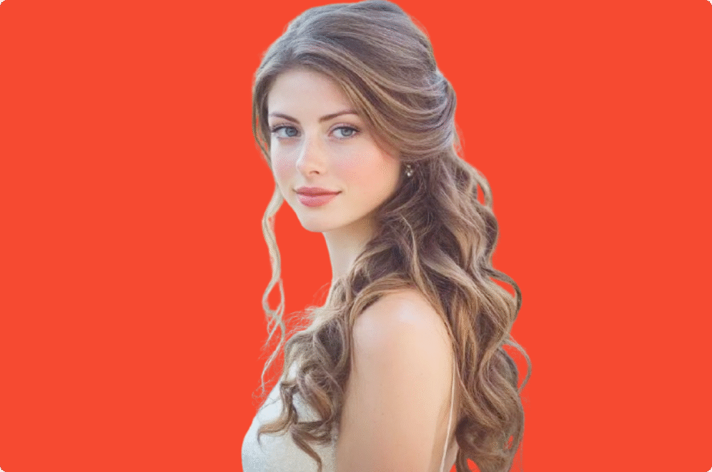 Young woman with long wavy hair wearing a white dress against a red background