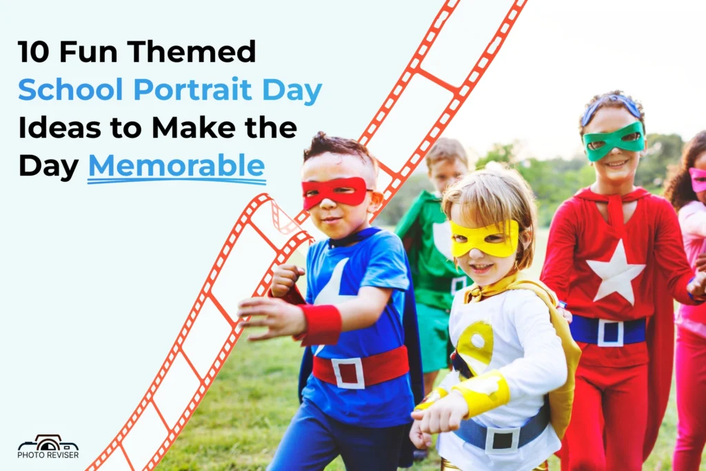 Kids dressed as superheroes enjoying themed school portrait day for fun and creative photo ideas.