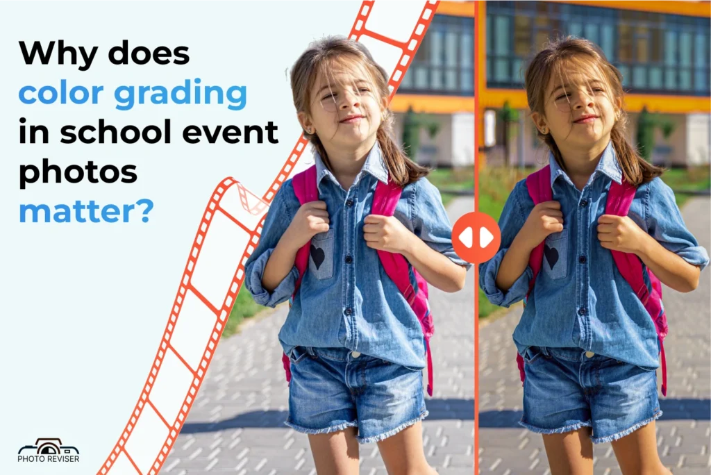 Split-screen comparison of a school photo before and after color grading, showing improved brightness and vibrancy.